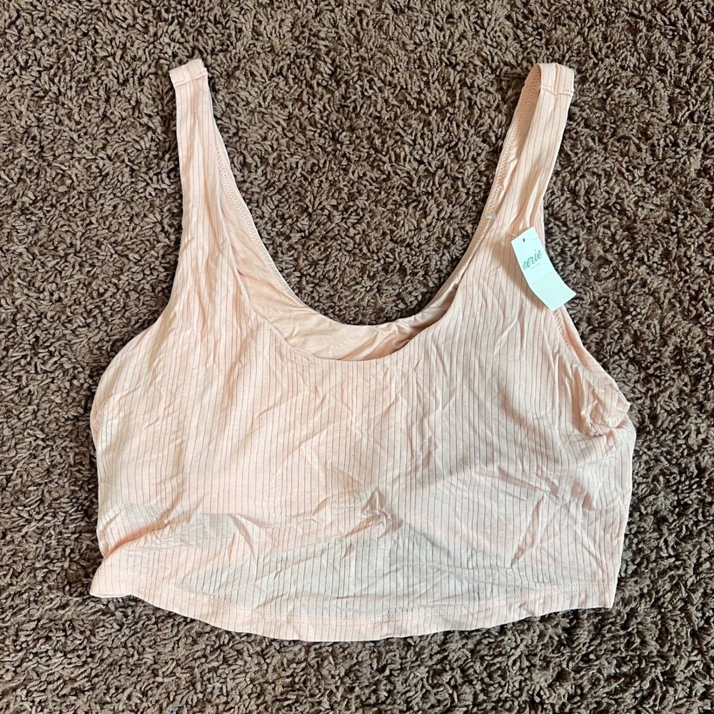 Aerie Women's Ribbed Tank Crop Top Coral‎ Pink Scoop Neck Padded Size Large NWT